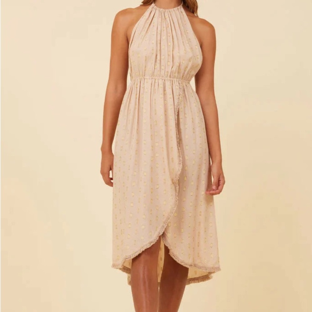 NWT Surf Gypsy tan gold metallic details dress sheer beach halter neck-tassels S